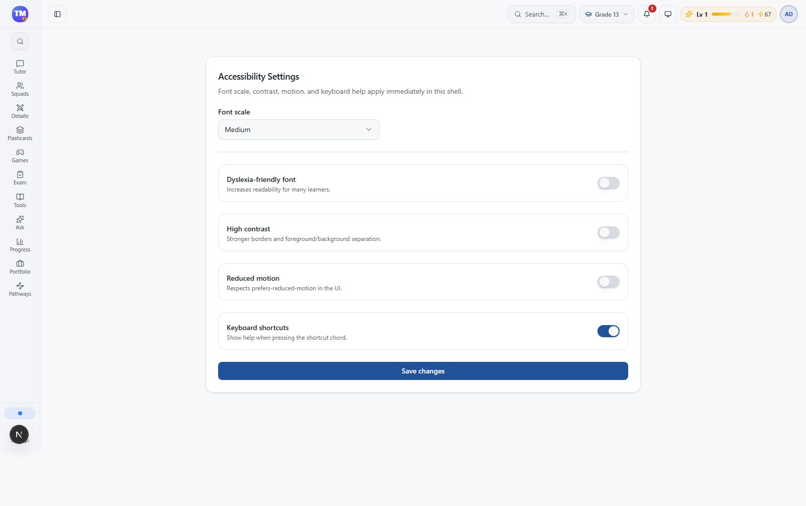 Expanded accessibility preferences in the current Settings workspace