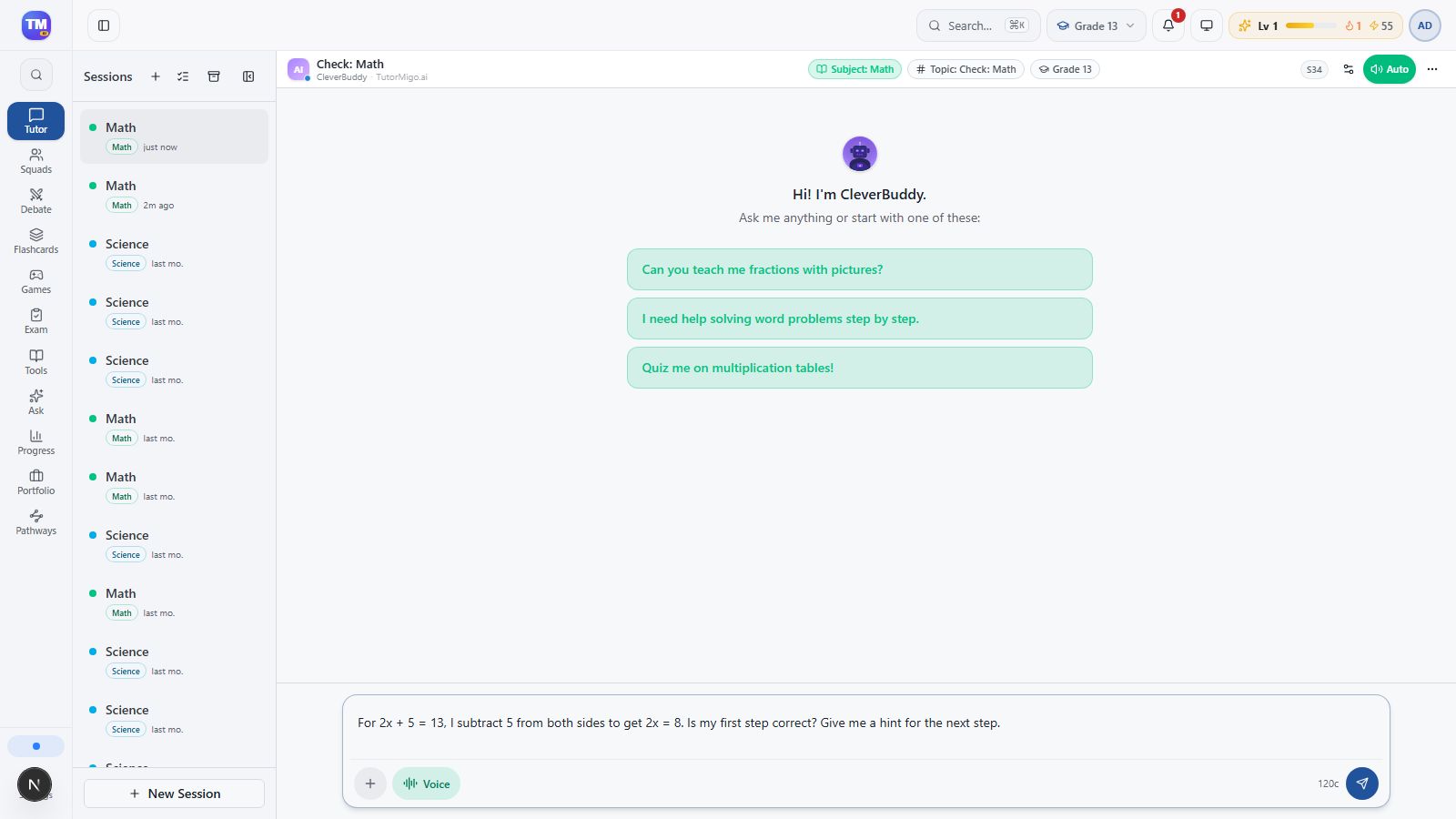 A specific equation and first attempt typed in the tutoring chat