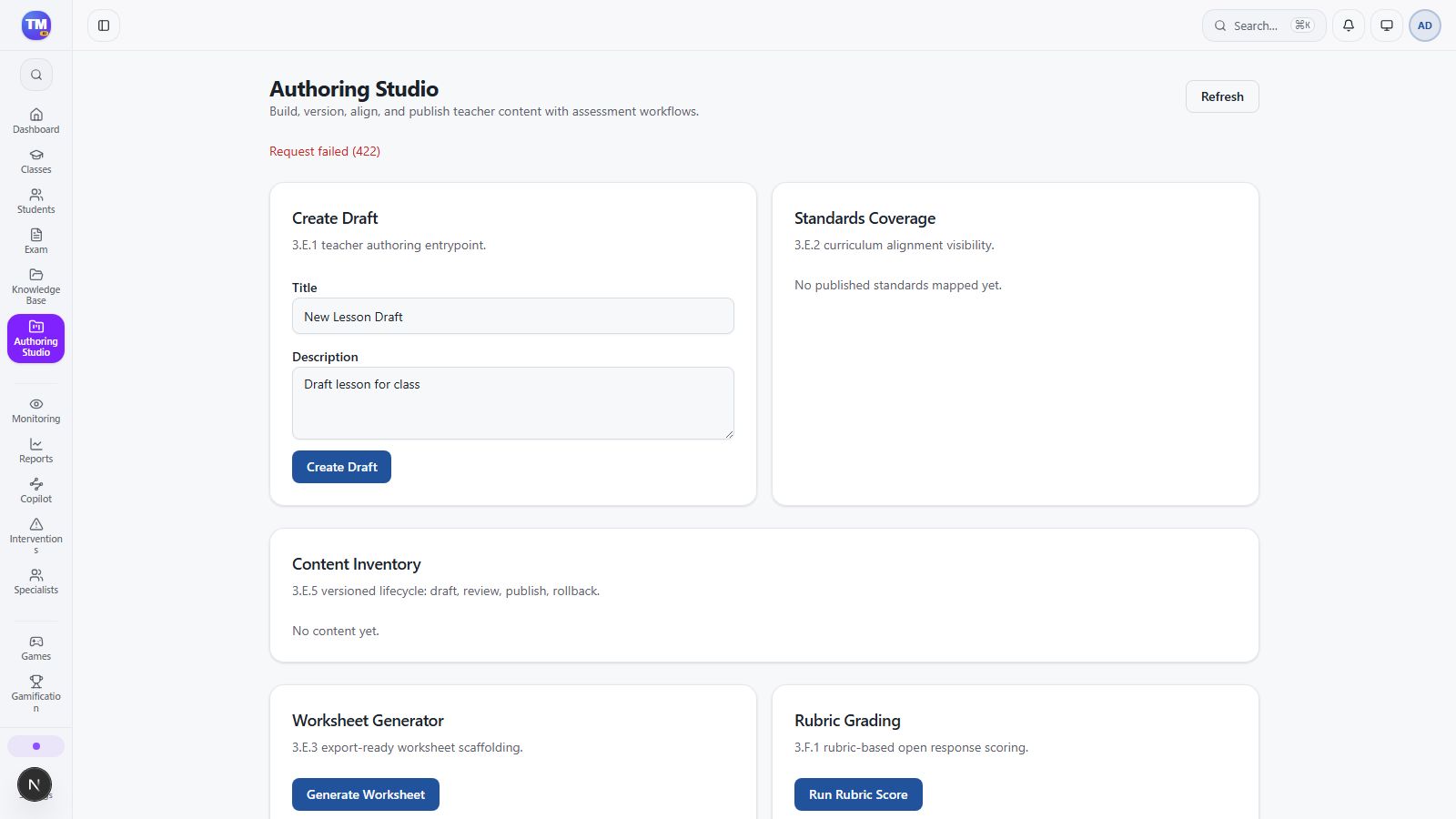 Authoring Studio draft creation, standards coverage, worksheets, and rubrics