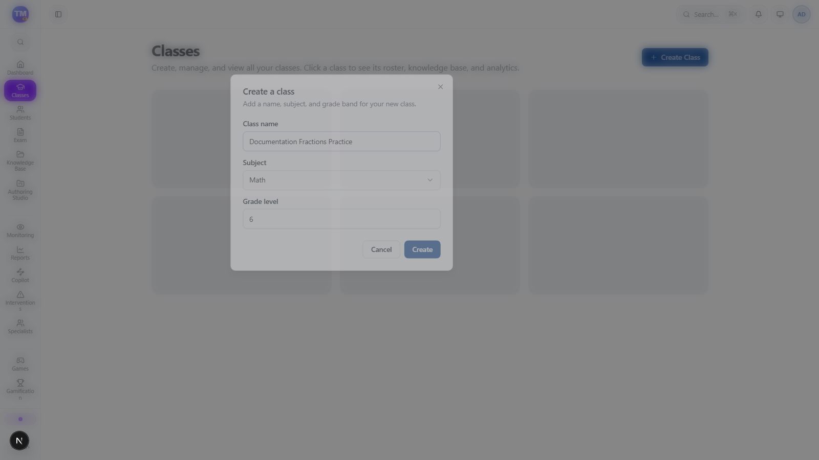 Class creation form with the example name, Math subject, and grade six