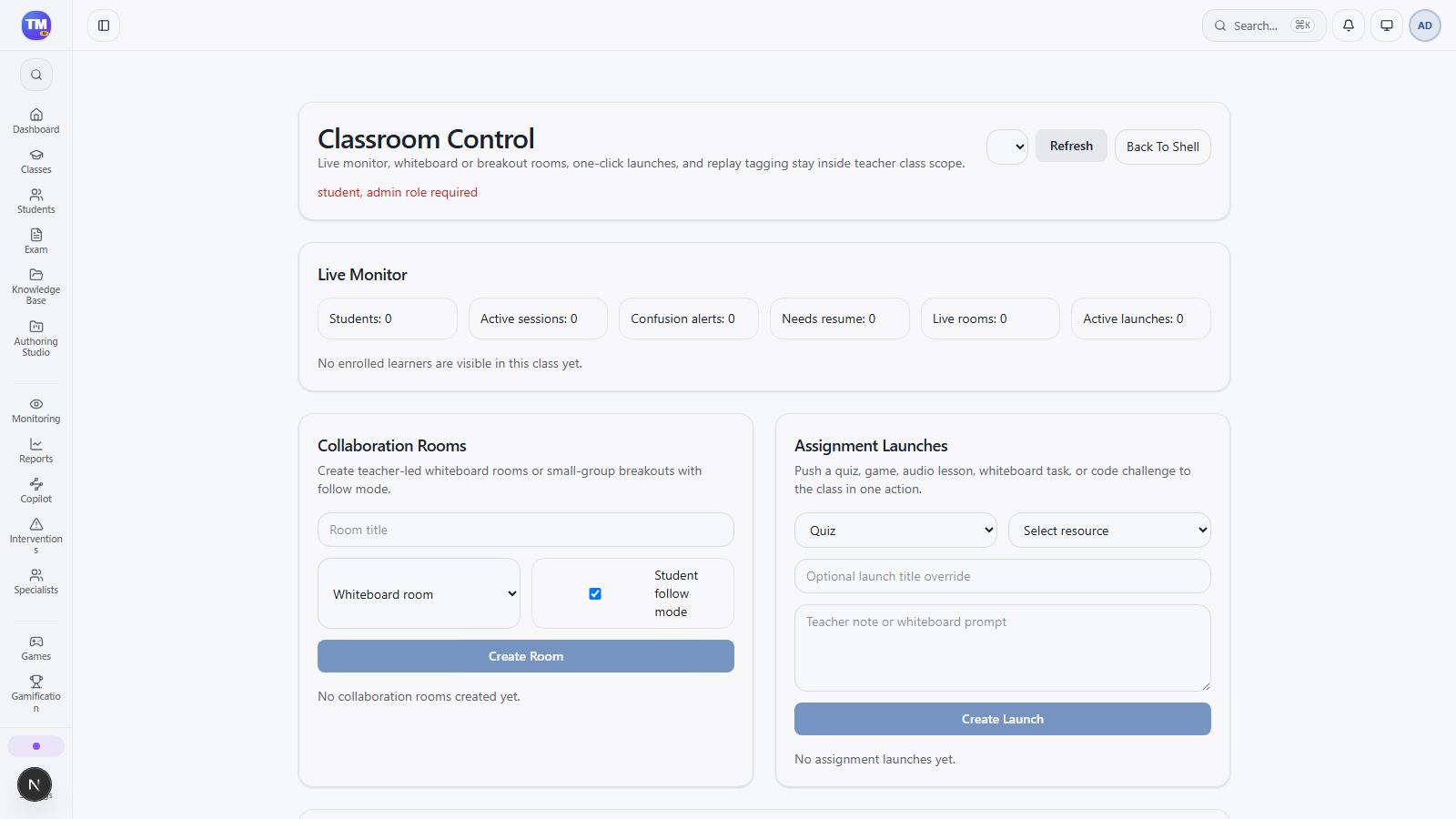 Classroom Control monitor, room, launch, and replay-tag areas