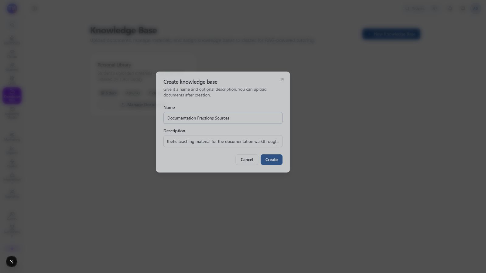 Teacher Knowledge Base creation form with a synthetic documentation collection