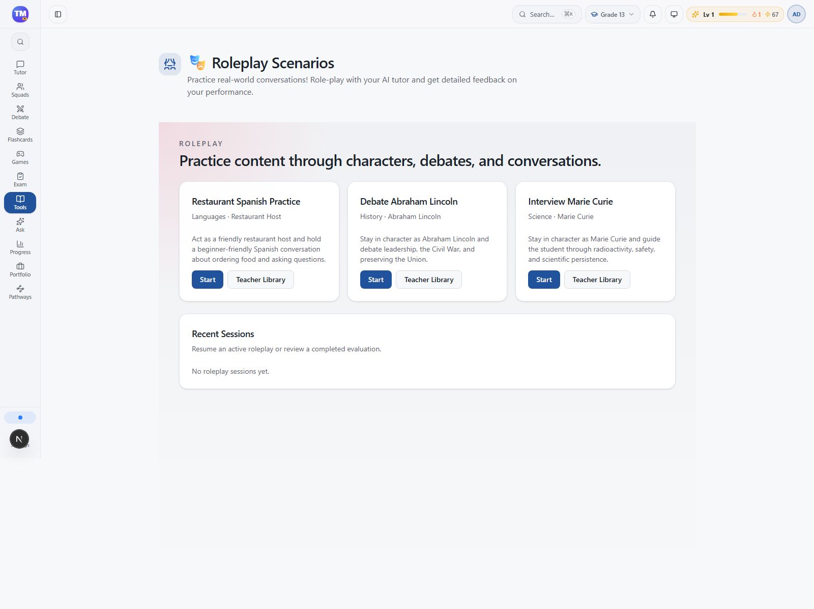 Roleplay scenario library with available conversation activities