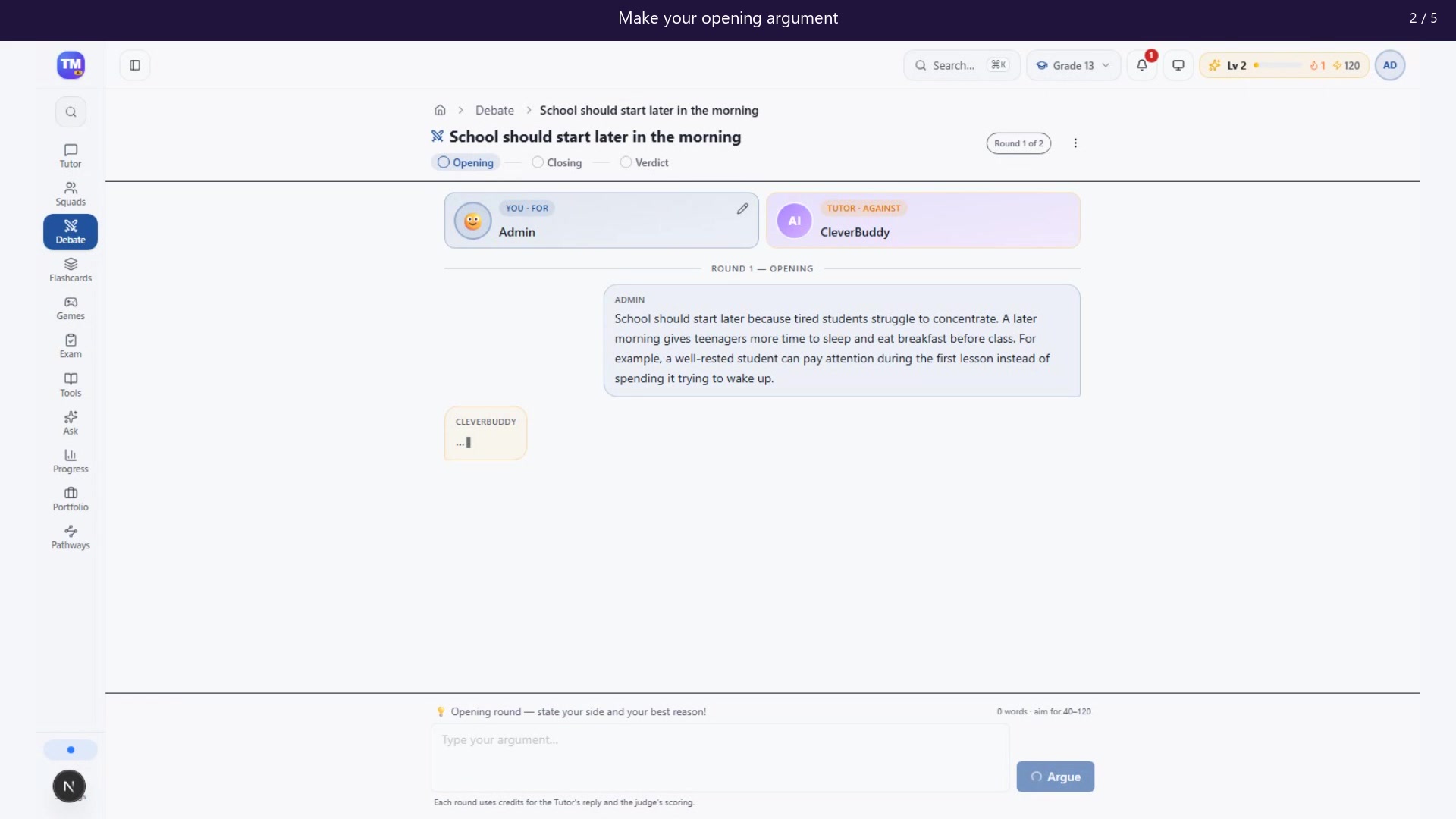 Preview: Complete a typed Debate and review feedback